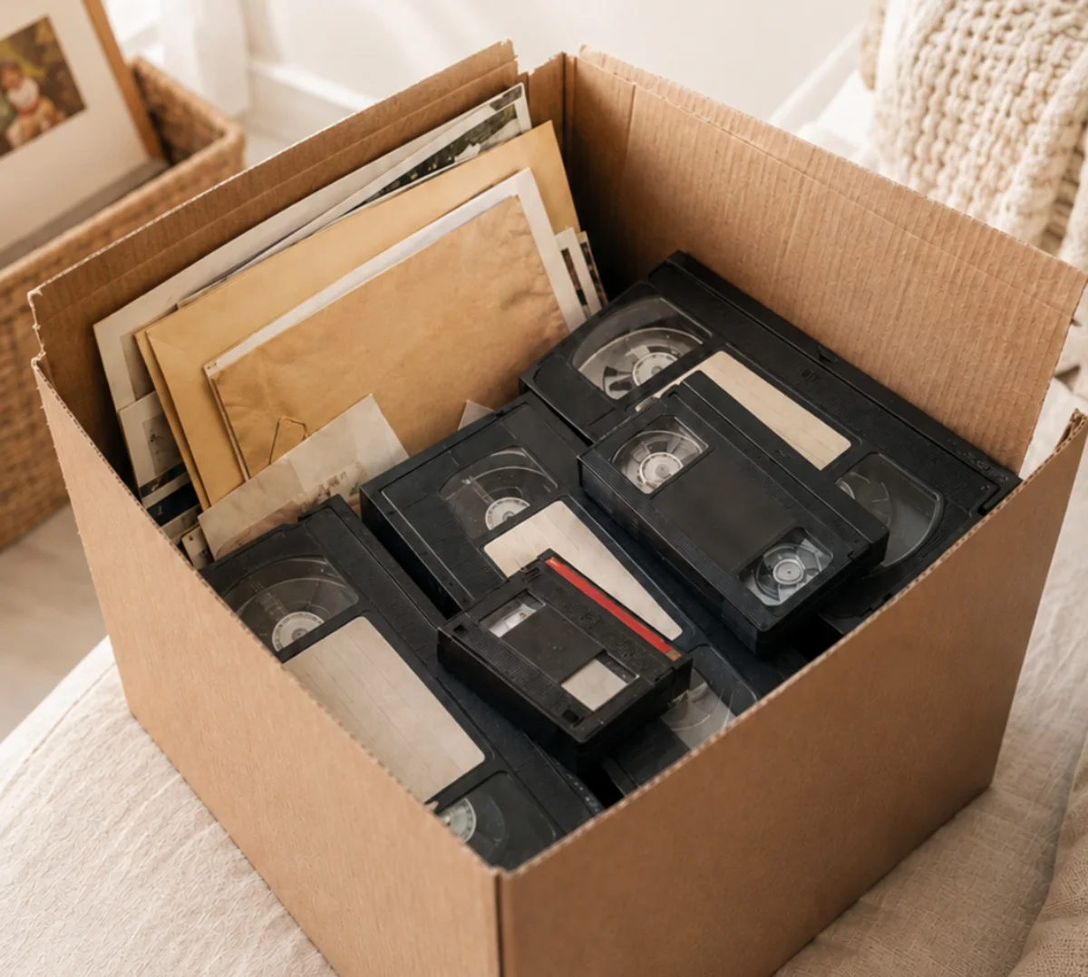 Una scatola con vecchie videocassette e fotografie, pronta per essere inviata.
