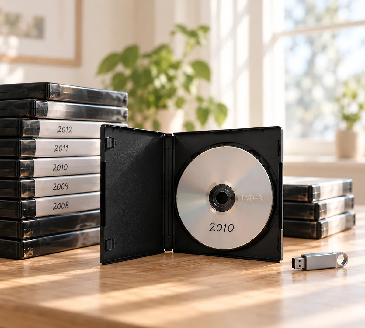 Una custodia DVD aperta con un disco masterizzato a casa etichettato 2010, accanto a una pila di custodie DVD con gli anni e una chiavetta USB